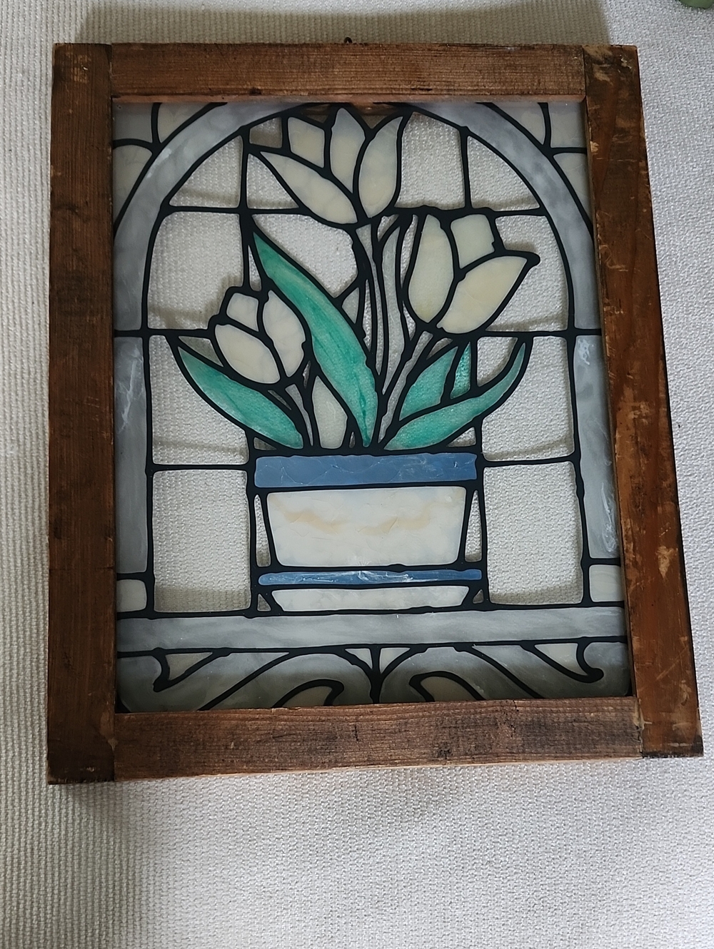 Vintage Stained Glass Tulip Window Art - White & Green
